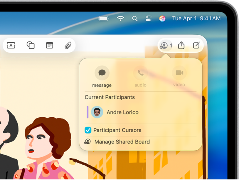 App Freeform affichant le menu local de collaboration avec un autre participant.