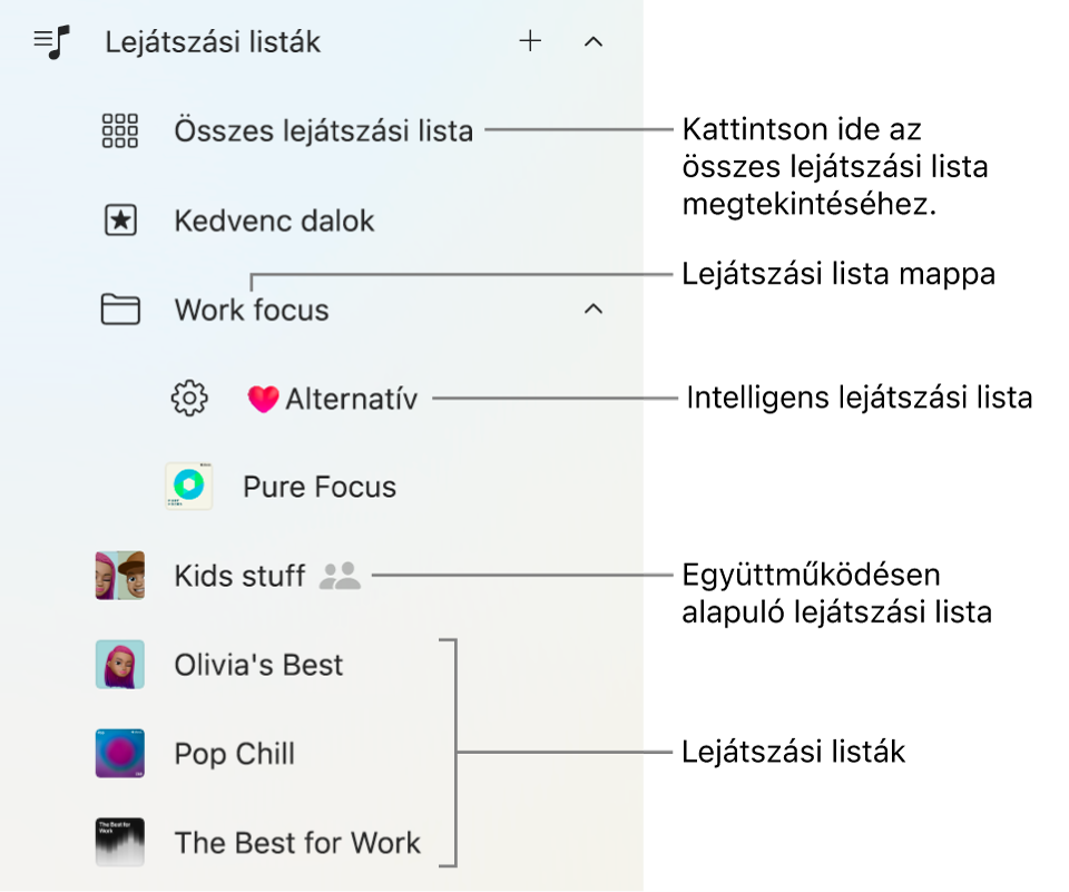 Az Apple Music oldalsávján különböző típusú lejátszási listák láthatók. Az összes lejátszási lista megtekintéséhez válassza az Összes lejátszási lista lehetőséget. Továbbá egy lejátszásilista-mappát is létrehozhat.