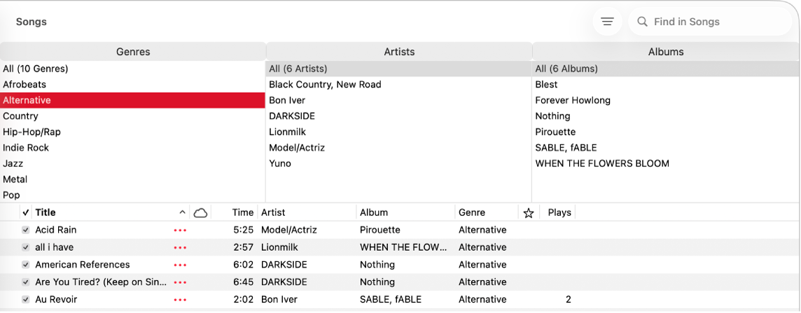 החלון ״מוזיקה״ שמציג את דפדפן העמודות מעל רשימת השירים.