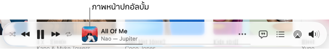 ภาพปกอัลบั้มอยู่ทางด้านซ้ายของป้ายประกาศที่มีเพลงกำลังเล่นอยู่