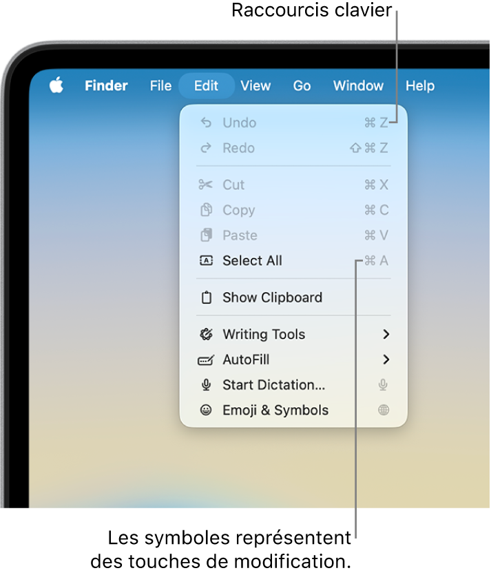 Le menu Édition est ouvert dans le Finder ; les raccourcis clavier apparaissent en regard des éléments de menu.