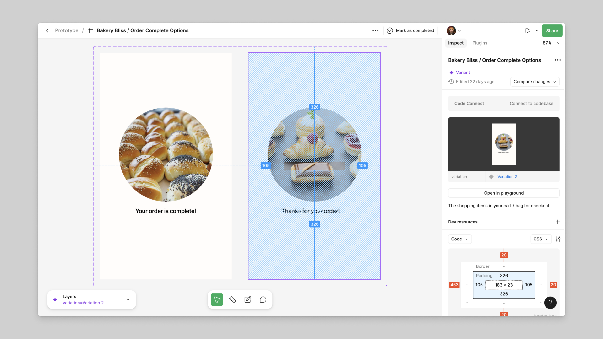 Design file in Dev Mode showing bakery product images with annotations and an inspect panel displaying variation details.