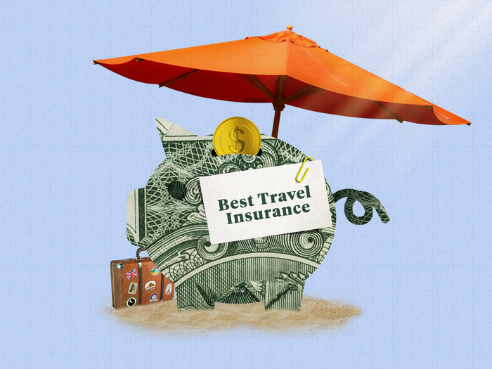 Best travel insurance companies graphic with piggy bank made of dollar bills, with a suitcase and beach umbrella.