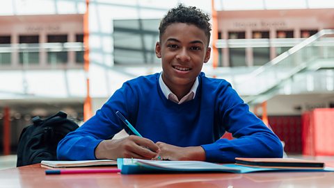 A school student wearing a blue jumper studies for a test in a school library