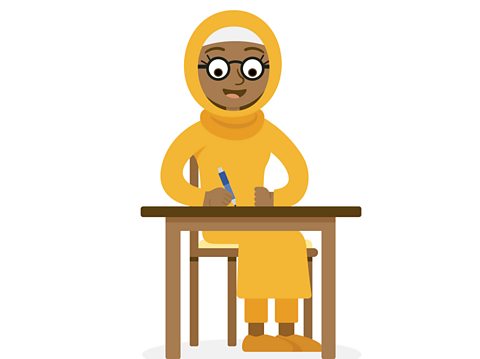An illustration of a young girl wearing a hijab who is writing at a desk.