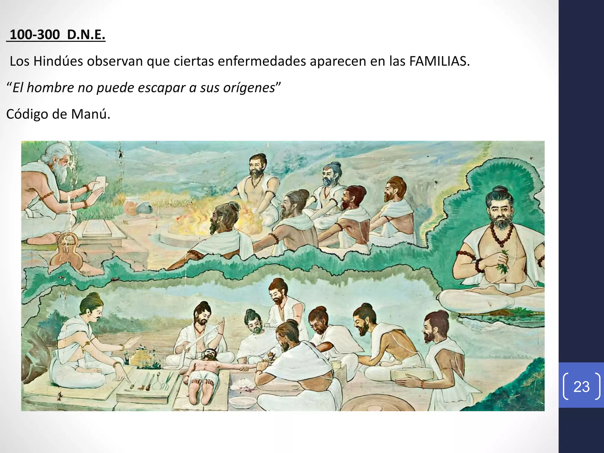 23
100-300 D.N.E.
Los Hindúes observan que ciertas enfermedades aparecen en las FAMILIAS.
“El hombre no puede escapar a sus orígenes”
Código de Manú.
 