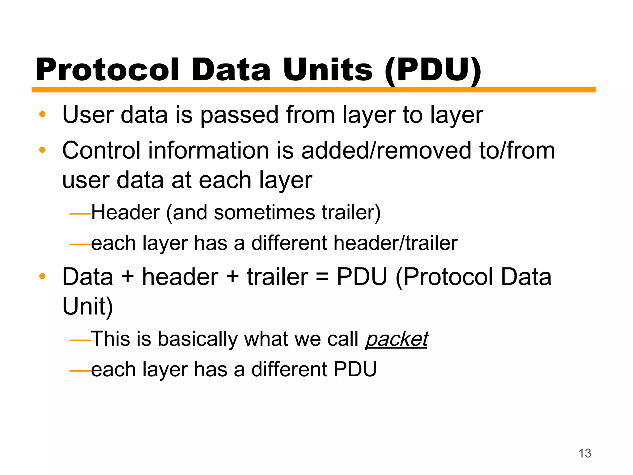 Protocol Data Units (PDU)
• User data is passed from layer to layer
• Control information is added/removed to/from
  user data at each layer
  —Header (and sometimes trailer)
  —each layer has a different header/trailer
• Data + header + trailer = PDU (Protocol Data
  Unit)
  —This is basically what we call packet
  —each layer has a different PDU


                                                 13
 