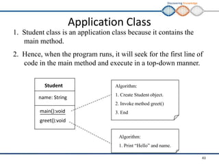 Discovering Knowledge
Application Class
1. Student class is an application class because it contains the
main method.
2. Hence, when the program runs, it will seek for the first line of
code in the main method and execute in a top-down manner.
Student
name: String
main():void
greet():void
Algorithm:
1. Create Student object.
2. Invoke method greet()
3. End
Algorithm:
1. Print “Hello” and name.
43
 