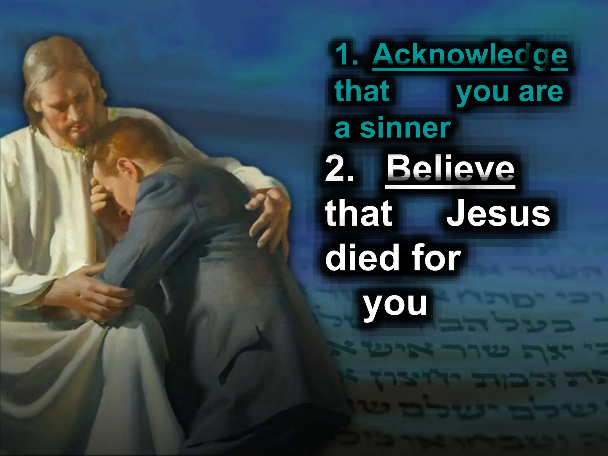 2. Believe
that Jesus
died for
you
1. Acknowledge
that you are
a sinner
 