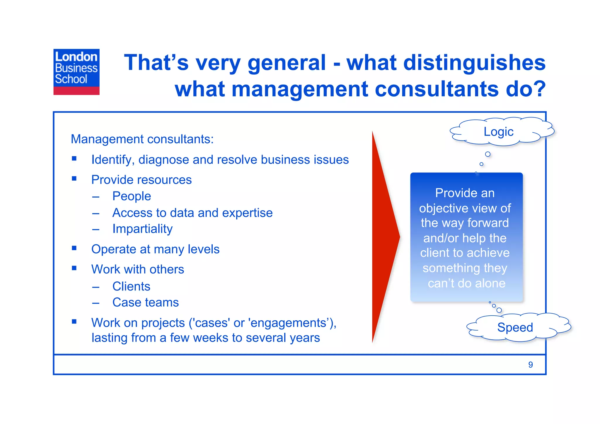 That’s very general - what distinguishes
              what management consultants do?
                                                               Logic
Management consultants:
  Identify, diagnose and resolve business issues
  Provide resources
   –  People                                           Provide an
   –  Access to data and expertise                  objective view of
   –  Impartiality                                  the way forward
                                                     and/or help the
  Operate at many levels                           client to achieve
  Work with others                                 something they
   –  Clients                                         can’t do alone
   –  Case teams
  Work on projects ('cases' or 'engagements’),                   Speed
   lasting from a few weeks to several years

                                                                        9
 