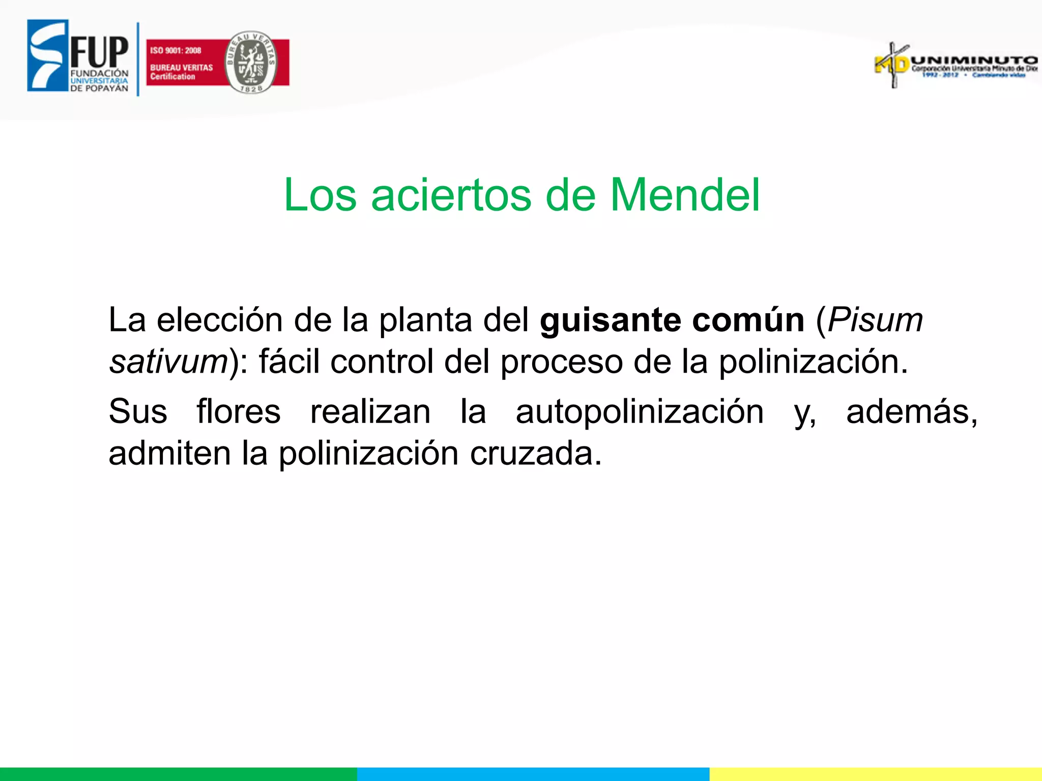 Los aciertos de Mendel
La elección de la planta del guisante común (Pisum
sativum): fácil control del proceso de la polinización.
Sus flores realizan la autopolinización y, además,
admiten la polinización cruzada.

 