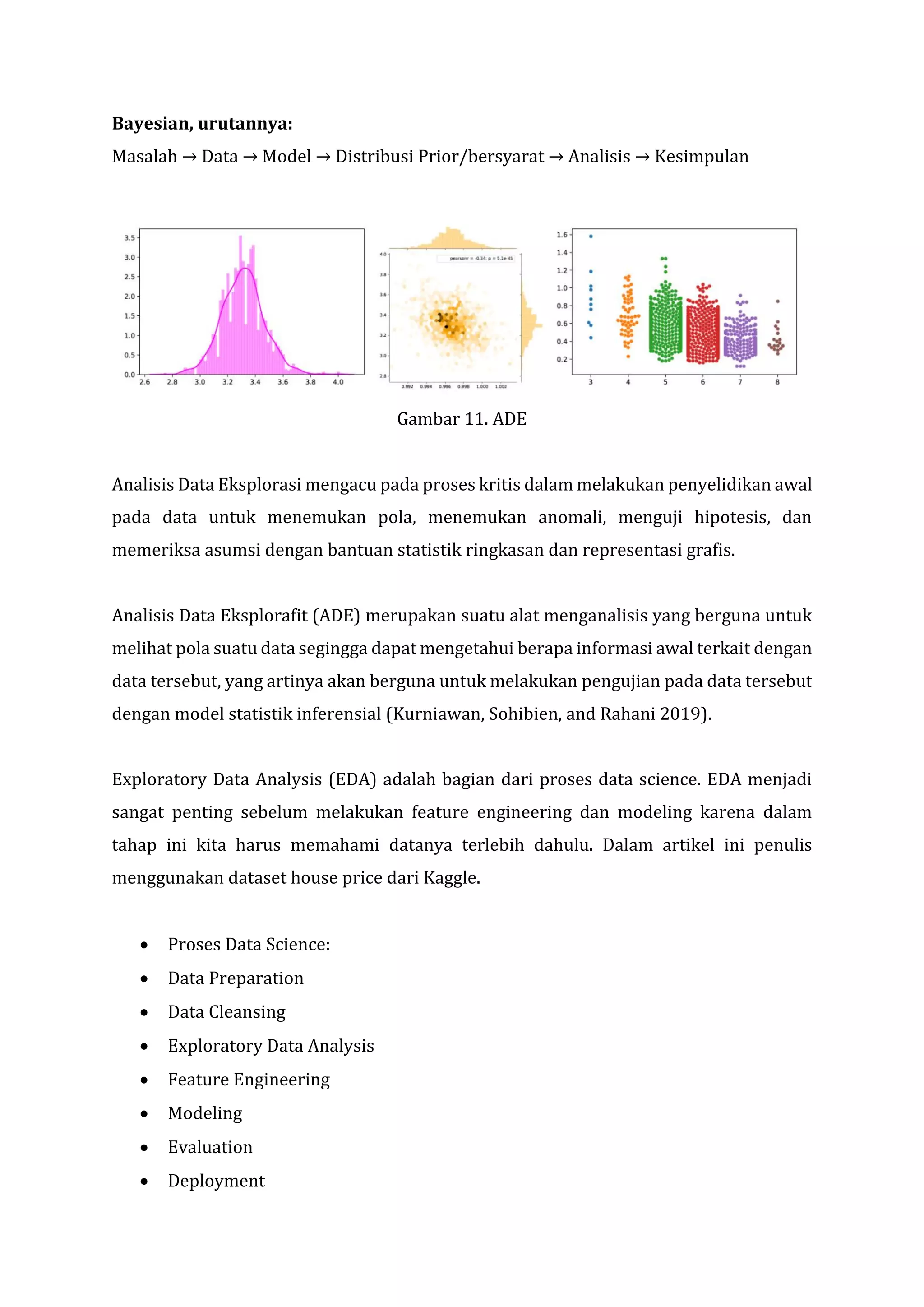 Bayesian, urutannya:
Masalah → Data → Model → Distribusi Prior/bersyarat → Analisis → Kesimpulan
Gambar 11. ADE
Analisis Data Eksplorasi mengacu pada proses kritis dalam melakukan penyelidikan awal
pada data untuk menemukan pola, menemukan anomali, menguji hipotesis, dan
memeriksa asumsi dengan bantuan statistik ringkasan dan representasi grafis.
Analisis Data Eksplorafit (ADE) merupakan suatu alat menganalisis yang berguna untuk
melihat pola suatu data segingga dapat mengetahui berapa informasi awal terkait dengan
data tersebut, yang artinya akan berguna untuk melakukan pengujian pada data tersebut
dengan model statistik inferensial (Kurniawan, Sohibien, and Rahani 2019).
Exploratory Data Analysis (EDA) adalah bagian dari proses data science. EDA menjadi
sangat penting sebelum melakukan feature engineering dan modeling karena dalam
tahap ini kita harus memahami datanya terlebih dahulu. Dalam artikel ini penulis
menggunakan dataset house price dari Kaggle.
• Proses Data Science:
• Data Preparation
• Data Cleansing
• Exploratory Data Analysis
• Feature Engineering
• Modeling
• Evaluation
• Deployment
 