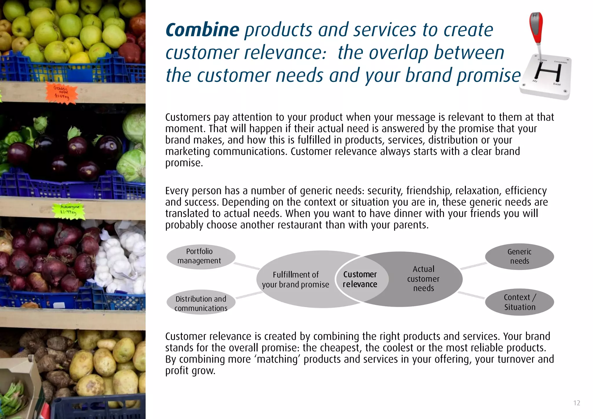 Combine products and services to create
customer relevance: the overlap between
the customer needs and your brand promise

Customers pay attention to your product when your message is relevant to them at that
moment. That will happen if their actual need is answered by the promise that your
brand makes, and how this is fulfilled in products, services, distribution or your
marketing communications. Customer relevance always starts with a clear brand
promise.

Every person has a number of generic needs: security, friendship, relaxation, efficiency
and success. Depending on the context or situation you are in, these generic needs are
translated to actual needs. When you want to have dinner with your friends you will
probably choose another restaurant than with your parents.

    Portfolio                                                                 Generic
  management                                                                   needs
                                                        Actual
                         Fulfillment of    Customer
                                                       customer
                      your brand promise   relevance     needs
  Distribution and                                                           Context /
  communications                                                             Situation


Customer relevance is created by combining the right products and services. Your brand
stands for the overall promise: the cheapest, the coolest or the most reliable products.
By combining more „matching‟ products and services in your offering, your turnover and
profit grow.

                                                                                           12
 