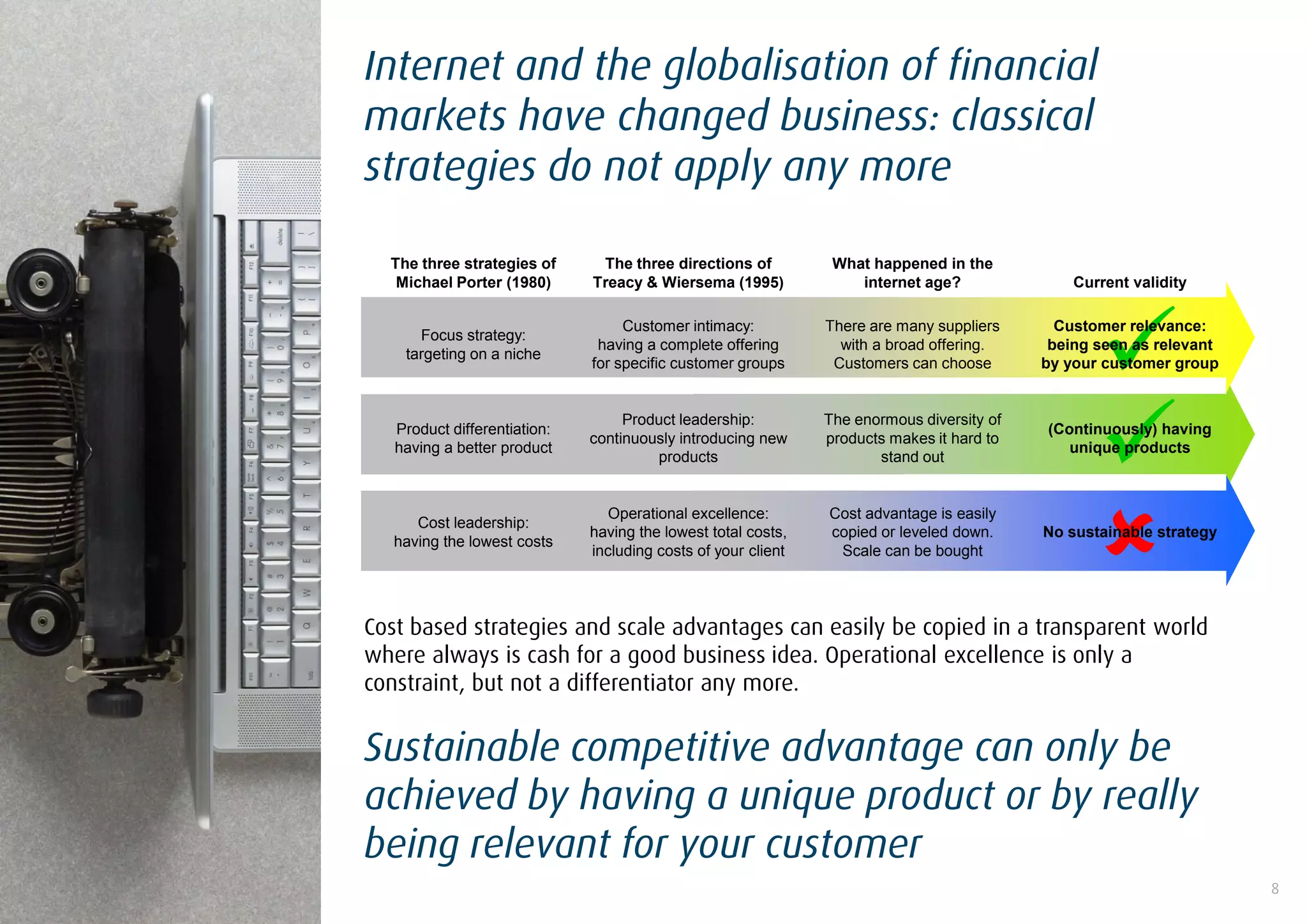 Internet and the globalisation of financial
markets have changed business: classical
strategies do not apply any more

  The three strategies of      The three directions of          What happened in the
   Michael Porter (1980)      Treacy & Wiersema (1995)             internet age?               Current validity




                                                                                                  
                                   Customer intimacy:          There are many suppliers      Customer relevance:
      Focus strategy:
                               having a complete offering        with a broad offering.     being seen as relevant
    targeting on a niche
                              for specific customer groups      Customers can choose       by your customer group




                                                                                                  
                                   Product leadership:         The enormous diversity of
   Product differentiation:                                                                (Continuously) having
                              continuously introducing new     products makes it hard to
   having a better product                                                                    unique products
                                       products                       stand out




                                                                                                  
                                Operational excellence:        Cost advantage is easily
      Cost leadership:
                              having the lowest total costs,   copied or leveled down.     No sustainable strategy
   having the lowest costs
                              including costs of your client    Scale can be bought




Cost based strategies and scale advantages can easily be copied in a transparent world
where always is cash for a good business idea. Operational excellence is only a
constraint, but not a differentiator any more.


Sustainable competitive advantage can only be
achieved by having a unique product or by really
being relevant for your customer
                                                                                                                     8
 