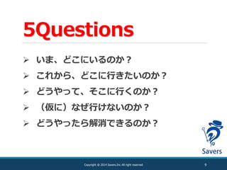 5Questions
9Copyright @ 2014 Savers.Inc All right reserved
 いま、どこにいるのか？
 これから、どこに行きたいのか？
 どうやって、そこに行くのか？
 （仮に）なぜ行けないのか？
 どうやったら解消できるのか？
 