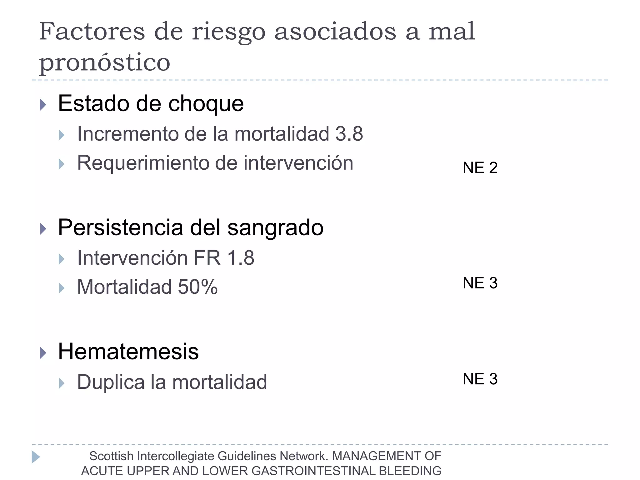 Factores de riesgo asociados a mal
pronóstico
   Estado de choque
       Incremento de la mortalidad 3.8
       Requerimiento de intervención                                 NE 2


   Persistencia del sangrado
       Intervención FR 1.8
       Mortalidad 50%                                                NE 3



   Hematemesis
       Duplica la mortalidad                                         NE 3



         Scottish Intercollegiate Guidelines Network. MANAGEMENT OF
        ACUTE UPPER AND LOWER GASTROINTESTINAL BLEEDING
 