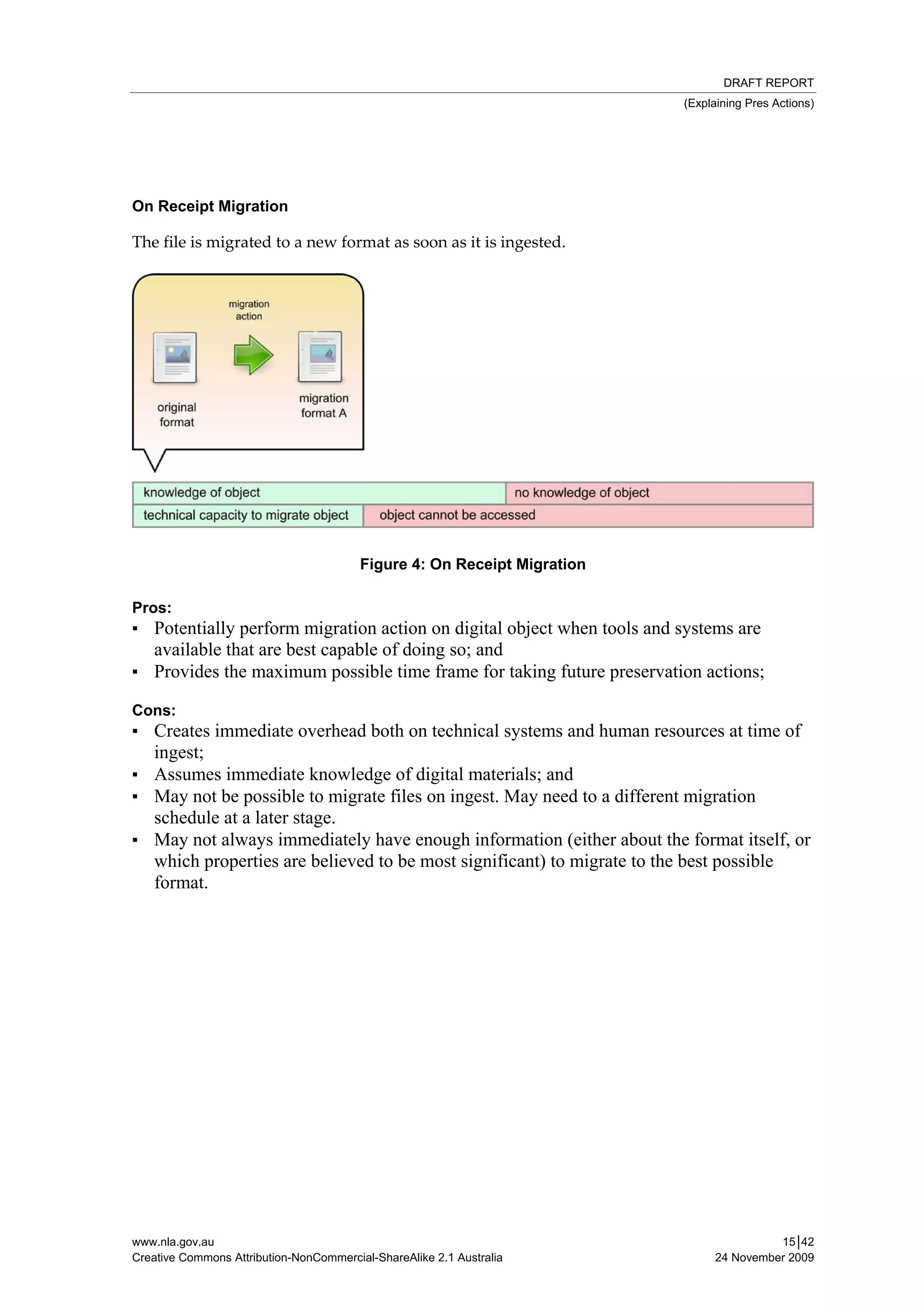 DRAFT REPORT
                                                                          (Explaining Pres Actions)




 

On Receipt Migration

The file is migrated to a new format as soon as it is ingested. 




                                         Figure 4: On Receipt Migration

Pros:
▪ Potentially perform migration action on digital object when tools and systems are
  available that are best capable of doing so; and
▪ Provides the maximum possible time frame for taking future preservation actions;

Cons:
▪ Creates immediate overhead both on technical systems and human resources at time of
  ingest;
▪ Assumes immediate knowledge of digital materials; and
▪ May not be possible to migrate files on ingest. May need to a different migration
  schedule at a later stage.
▪ May not always immediately have enough information (either about the format itself, or
  which properties are believed to be most significant) to migrate to the best possible
  format.




www.nla.gov.au                                                                           15│42
Creative Commons Attribution-NonCommercial-ShareAlike 2.1 Australia            24 November 2009
 