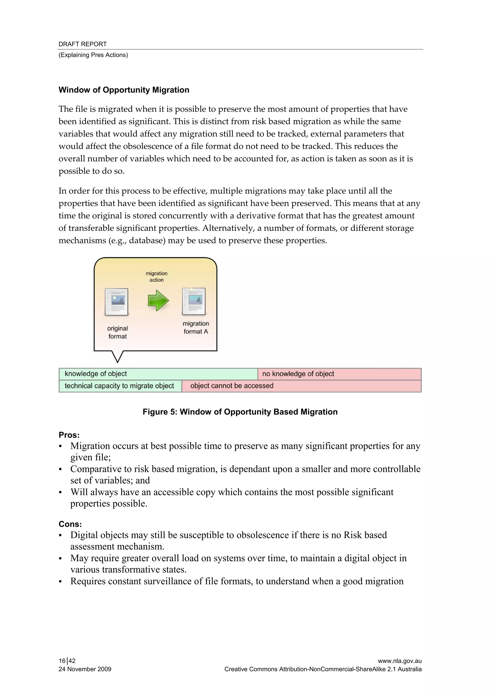 DRAFT REPORT
(Explaining Pres Actions)




Window of Opportunity Migration

The file is migrated when it is possible to preserve the most amount of properties that have 
been identified as significant. This is distinct from risk based migration as while the same 
variables that would affect any migration still need to be tracked, external parameters that 
would affect the obsolescence of a file format do not need to be tracked. This reduces the 
overall number of variables which need to be accounted for, as action is taken as soon as it is 
possible to do so. 

In order for this process to be effective, multiple migrations may take place until all the 
properties that have been identified as significant have been preserved. This means that at any 
time the original is stored concurrently with a derivative format that has the greatest amount 
of transferable significant properties. Alternatively, a number of formats, or different storage 
mechanisms (e.g., database) may be used to preserve these properties. 




                            Figure 5: Window of Opportunity Based Migration

Pros:
▪ Migration occurs at best possible time to preserve as many significant properties for any
    given file;
▪ Comparative to risk based migration, is dependant upon a smaller and more controllable
    set of variables; and
▪ Will always have an accessible copy which contains the most possible significant
    properties possible.

Cons:
▪ Digital objects may still be susceptible to obsolescence if there is no Risk based
    assessment mechanism.
▪ May require greater overall load on systems over time, to maintain a digital object in
    various transformative states.
▪ Requires constant surveillance of file formats, to understand when a good migration




16│42                                                                                            www.nla.gov.au
24 November 2009                               Creative Commons Attribution-NonCommercial-ShareAlike 2.1 Australia
 