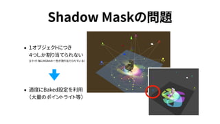 Shadow Maskの問題
• １オブジェクトにつき 
４つしか割り当てられない 
(1ライト毎にRGBAの一色が割り当てられている）
• 適度にBaked設定を利用 
（大量のポイントライト等）
 