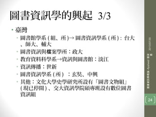 圖書資訊學的興起 3/3
• 臺灣
• 圖書館學系 ( 組、所 )→ 圖書資訊學系 ( 所 ) : 台大
、師大、輔大
• 圖書資訊與 案學所：政大檔
• 教育資料科學系→資訊與圖書館：淡江
• 資訊傳播：世新
• 圖書資訊學系 ( 所 ) ：玄奘、中興
• 其他：文化大學史學研究所設有「圖書文物組」
( 現已停開 ) 、交大資訊學院碩專班設有數位圖書
資訊組
2013/07/30
圖書資訊學概論-flysheet/潘淑
惠
24
 
