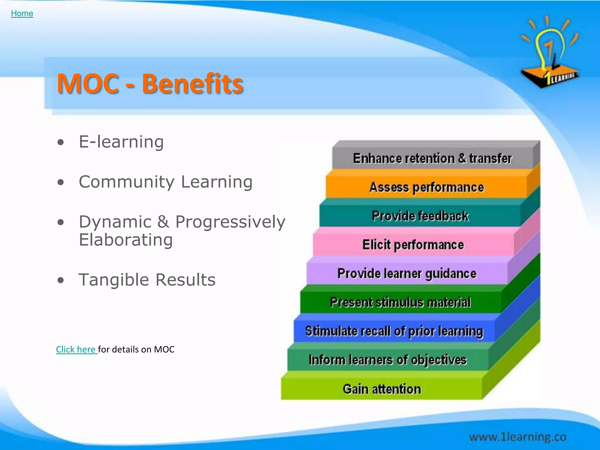Home




       MOC - Benefits
       • E-learning

       • Community Learning

       • Dynamic & Progressively
         Elaborating

       • Tangible Results



       Click here for details on MOC
 