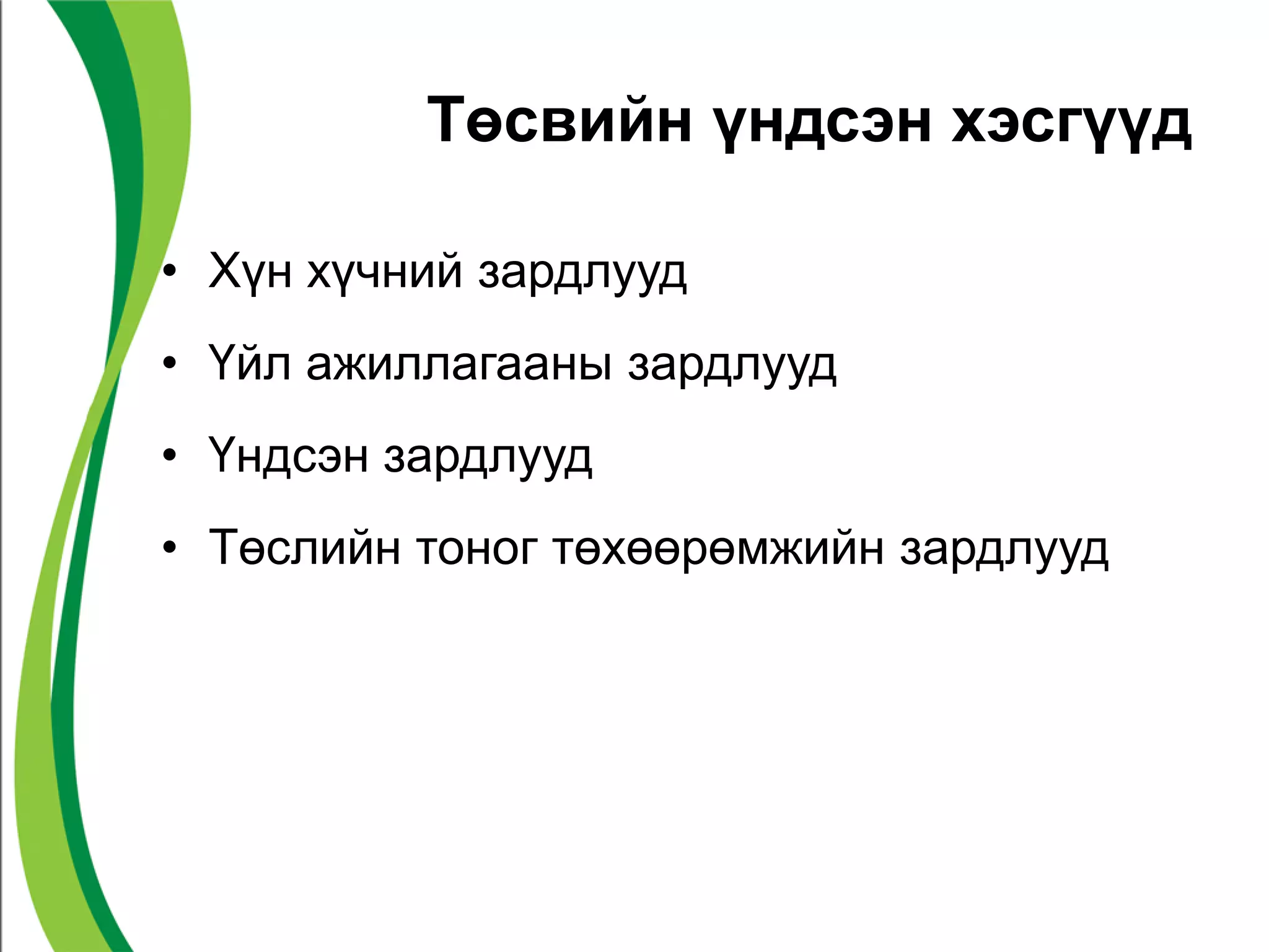 Төсвийн үндсэн хэсгүүд
• Хүн хүчний зардлууд
• Үйл ажиллагааны зардлууд
• Үндсэн зардлууд
• Төслийн тоног төхөөрөмжийн зардлууд
 
