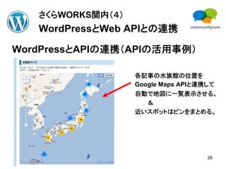 さくらWORKS関内（４）
   WordPressとWeb APIとの連携

WordPressとAPIの連携（APIの活用事例）

                   各記事の水族館の位置を
                   Google Maps APIと連携して
                   自動で地図に一覧表示させる。
                      ＆
                   近いスポットはピンをまとめる。




                                    28
 