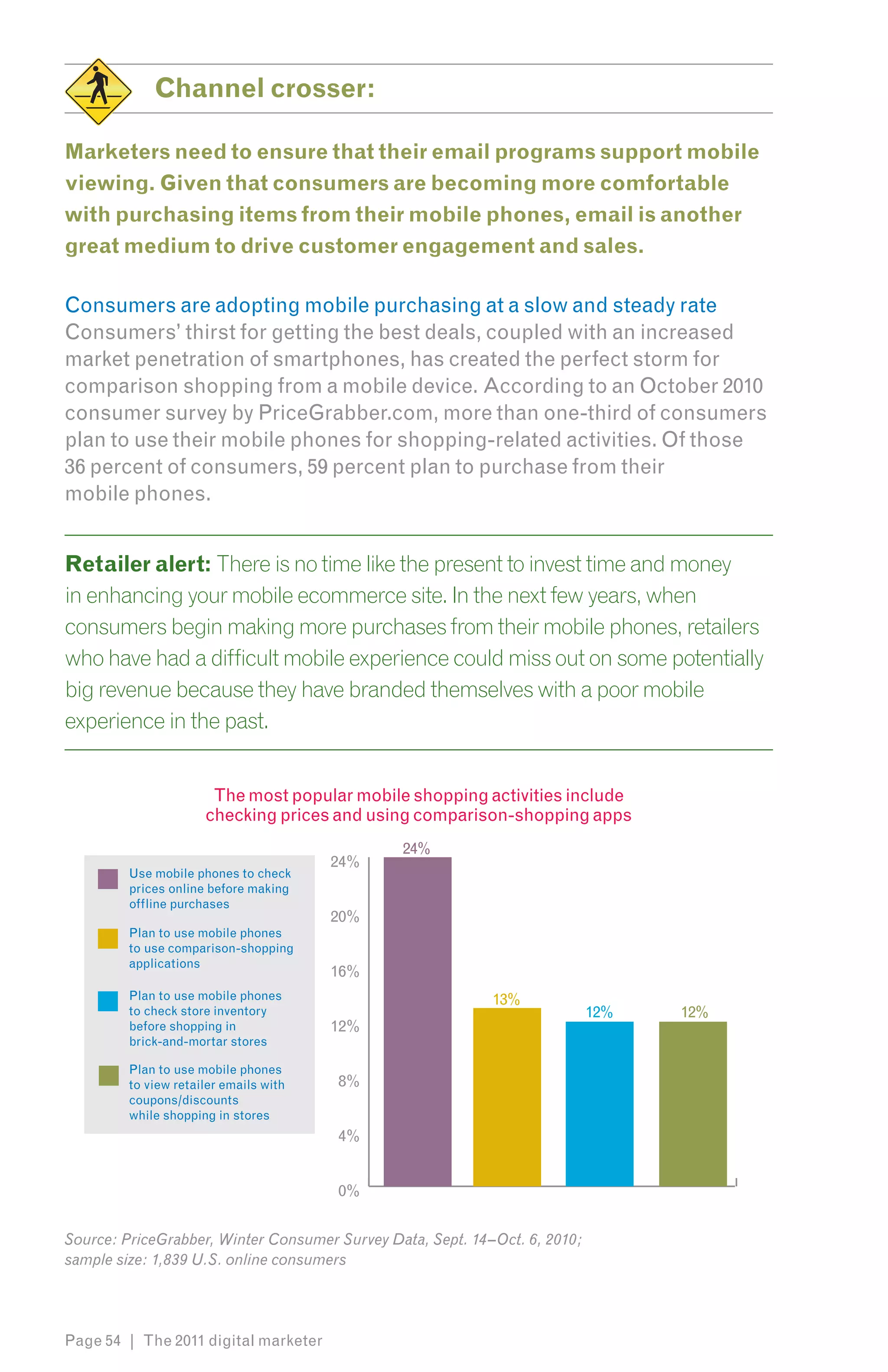 Channel crosser:

Marketers need to ensure that their email programs support mobile
viewing. Given that consumers are becoming more comfortable
with purchasing items from their mobile phones, email is another
great medium to drive customer engagement and sales.

Consumers are adopting mobile purchasing at a slow and steady rate
Consumers’ thirst for getting the best deals, coupled with an increased
market penetration of smartphones, has created the perfect storm for
comparison shopping from a mobile device. According to an October 2010
consumer survey by PriceGrabber.com, more than one-third of consumers
plan to use their mobile phones for shopping-related activities. Of those
36 percent of consumers, 59 percent plan to purchase from their
mobile phones.


Retailer alert: There is no time like the present to invest time and money
in enhancing your mobile ecommerce site. In the next few years, when
consumers begin making more purchases from their mobile phones, retailers
who have had a difficult mobile experience could miss out on some potentially
big revenue because they have branded themselves with a poor mobile
experience in the past.


                       The most popular mobile shopping activities include
                      checking prices and using comparison-shopping apps
                                               24%
                                        24%
         Use mobile phones to check
         prices online before making
         offline purchases
                                        20%
         Plan to use mobile phones
         to use comparison-shopping
         applications
                                        16%
         Plan to use mobile phones                          13%
         to check store inventory                                           12%   12%
         before shopping in             12%
         brick-and-mortar stores

         Plan to use mobile phones
         to view retailer emails with   8%
         coupons/discounts
         while shopping in stores
                                        4%


                                        0%


Source: PriceGrabber, Winter Consumer Survey Data, Sept. 14–Oct. 6, 2010;
sample size: 1,839 U.S. online consumers




Page 54 | The 2011 digital marketer
 