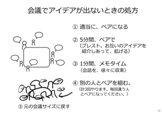 会議でアイデアが出ないときの処⽅

               ① 適当に、ペアになる

               ② 5分間、ペアで
               （ブレスト。お互いのアイデアを
                紹介しあって、拡げる）

               ③ 1分間、メモタイム
                （会話を、徐々に収束）

               ④ 別の⼈とペアを組む。
               （計3回やります。毎回違う⼈
                とペアになってください。）


⑤ 元の会議サイズに戻す
                                 38
 