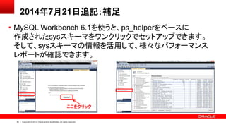 39 Copyright © 2013, Oracle and/or its affiliates. All rights reserved.
2014年7月21日追記：補足
• MySQL Workbench 6.1を使うと、ps_helperをベースに
作成されたsysスキーマをワンクリックでセットアップできます。
そして、sysスキーマの情報を活用して、様々なパフォーマンス
レポートが確認できます。
ここをクリック
 