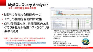 81 Copyright © 2013, Oracle and/or its affiliates. All rights reserved.
MySQL Query Analyzer
• MEMに含まれる機能の一つ
• クエリの情報を自動的に収集
• CPU使用率など、相関関係のある
グラフを見ながら高コストなクエリを
素早く発見
クエリの問題を素早く発見
「MySQL Query Analyzer を使用することで、問題のある
SQLコードを特定および解析して、データベースパフォー
マンスを3倍に改善することができました。さらに重要なこ
とに、これは、何週間もかからずに、わずか3日で実現で
きました」
Big Fish Games 社
ソフトウェア開発エンジニア
キース・ソーラダ氏 (Keith Souhrada)
※更に、クエリのチューニングが上手くいかない場合は、
「コンサルティングサポート」も利用可能！！
http://www-jp.mysql.com/support/consultative.html
⇒”クエリー・レビュー” 部分参照
 