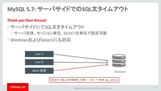 Copyright © 2015, Oracle and/or its affiliates. All rights reserved. |
MySQL 5.7: サーバサイドでのSQL文タイムアウト
Thank you Davi Arnaut!
• サーバサイドにてSQL文をタイムアウト
– サーバ全体、セッション単位、SELECT文単位で設定可能
• WindowsおよびSolarisにも対応
SELECT MAX_STATEMENT_TIME = 109 * FROM my_table;
28
Database
User A
User B
Batch 処理
 