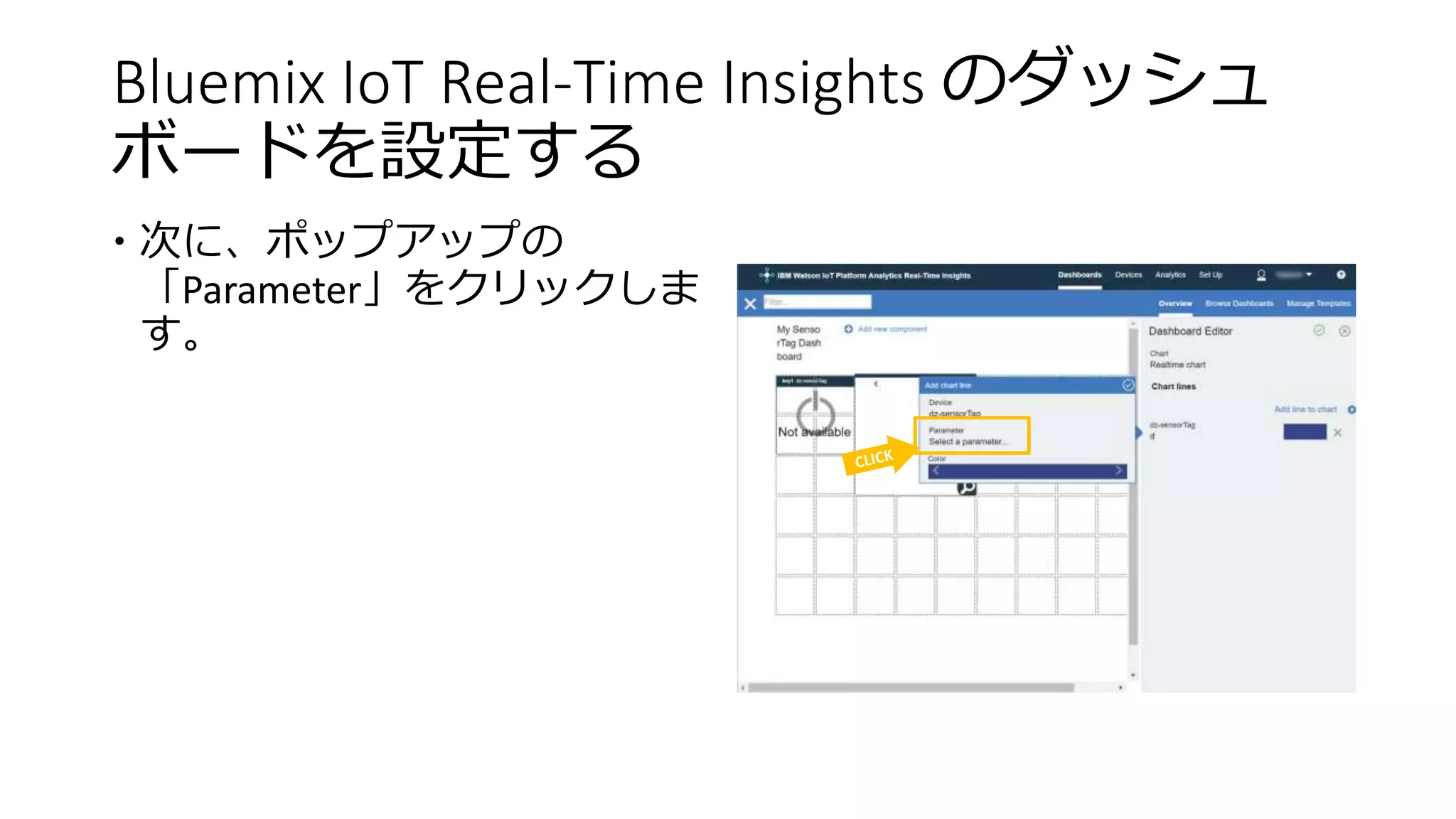 Bluemix IoT Real-Time Insights のダッシュ
ボードを設定する
 次に、ポップアップの
「Parameter」をクリックしま
す。
 