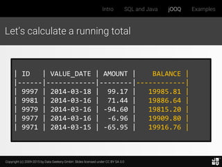 Copyright (c) 2009-2015 by Data Geekery GmbH. Slides licensed under CC BY SA 3.0
Intro SQL and Java jOOQ Examples
Let’s calculate a running total
| ID | VALUE_DATE | AMOUNT | BALANCE |
|------|------------|--------|------------|
| 9997 | 2014-03-18 | 99.17 | 19985.81 |
| 9981 | 2014-03-16 | 71.44 | 19886.64 |
| 9979 | 2014-03-16 | -94.60 | 19815.20 |
| 9977 | 2014-03-16 | -6.96 | 19909.80 |
| 9971 | 2014-03-15 | -65.95 | 19916.76 |
 