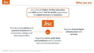Who we are
Jisc is the UK higher, further education
and skills sectors’ not-for-profit organisation
for digital services and solutions
Operate shared digital
infrastructure and
services
Provide trusted advice and
practical assistance for
universities, colleges and
learning providers
We…
Negotiate sector-wide deals
and conditions with IT vendors
and commercial publishers
19/03/2018 Making the case for a research data shared service #JiscRDM 2
 