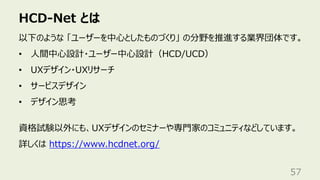 HCD-Net とは
57
以下のような 「ユーザーを中⼼としたものづくり」 の分野を推進する業界団体です。
• ⼈間中⼼設計・ユーザー中⼼設計（HCD/UCD）
• UXデザイン・UXリサーチ
• サービスデザイン
• デザイン思考
資格試験以外にも、UXデザインのセミナーや専⾨家のコミュニティなどしています。
詳しくは https://www.hcdnet.org/
 