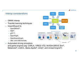 50
Interop considerations
§ ONNX interop
§ Transfer learning techniques
§ Import/Export to
– OpenDRIVE®,
– FBX®,
– glTF™,
– OpenFlight,
– OpenSceneGraph,
– OBJ, and USD formats.
§ Automated driving simulators
and game engines (eg: CARLA, VIRES VTD, NVIDIA DRIVE Sim®,
Metamoto®, LGSVL, Baidu Apollo®, Unity®, and Unreal Engine®)
 