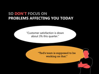 SO DON’T FOCUS ON
PROBLEMS AFFECTING YOU TODAY


       “Customer satisfaction is down
          about 3% this quarter.”




                “Ted’s team is supposed to be
                      working on that.”
 