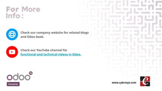 Enterprise
www.cybrosys.com
Check our company website for related blogs
and Odoo book.
Check our YouTube channel for
functional and technical videos in Odoo.