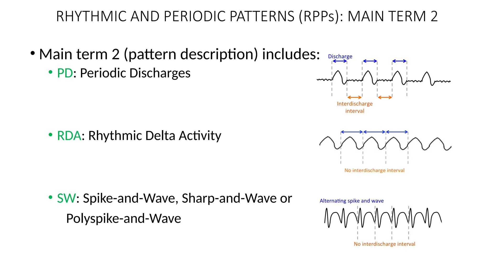 RHYTHMIC AND PERIODIC PATTERNS (RPPs): MAIN TERM 2
• Main term 2 (pattern description) includes:
• PD: Periodic Discharges
• RDA: Rhythmic Delta Activity
• SW: Spike-and-Wave, Sharp-and-Wave or
Polyspike-and-Wave
 