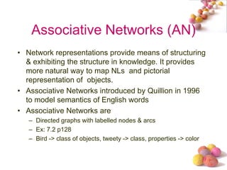 Associative Networks (AN)
• Network representations provide means of structuring
  & exhibiting the structure in knowledge. It provides
  more natural way to map NLs and pictorial
  representation of objects.
• Associative Networks introduced by Quillion in 1996
  to model semantics of English words
• Associative Networks are
   – Directed graphs with labelled nodes & arcs
   – Ex: 7.2 p128
   – Bird -> class of objects, tweety -> class, properties -> color


                                                                      #
 