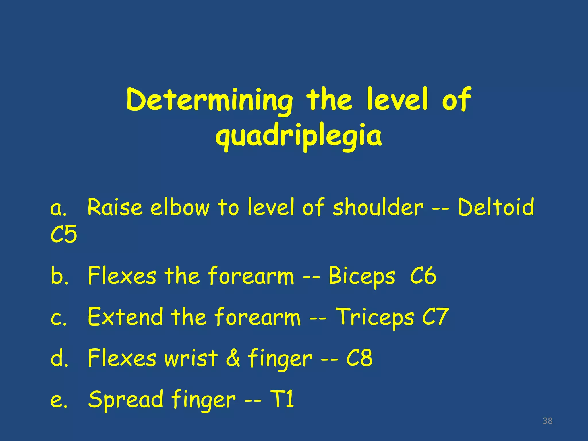 38
Determining the level of
quadriplegia
a. Raise elbow to level of shoulder -- Deltoid
C5
b. Flexes the forearm -- Biceps C6
c. Extend the forearm -- Triceps C7
d. Flexes wrist & finger -- C8
e. Spread finger -- T1
 