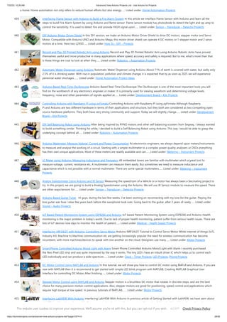 7/22/23, 10:26 AM Advanced View Arduino Projects List - Use Arduino for Projects
https://duino4projects.com/advanced-view-arduino-projects-list/?page31074=3 29/58
a home. Home automation not only refers to reduce human efforts but also energy…... Listed under: Home Automation Projects
439. Interfacing Flame Sensor with Arduino to Build a Fire Alarm System In this article we interface Flame Sensor with Arduino and learn all the
steps to build Fire Alarm System by using Arduino and flame sensor. Flame sensor module has photodiode to detect the light and op-amp to
control the sensitivity. It is used to detect fire and provide HIGH signal upon…... Listed under: Sensor – Transducer – Detector Projects
440. DIY Arduino Motor Driver Shield In this DIY session, we make an Arduino Motor Driver Shield to drive DC motors, stepper motor and Servo
Motor. Compatible with Arduino UNO and Arduino Mega, this motor driver shield can operate 4 DC motors or 1 stepper motor and 2 servo
motors at a time. Here two L293D…... Listed under: How To – DIY – Projects
441. Record and Play 3D Printed Robotic Arm using Arduino Record and Play 3D Printed Robotic Arm using Arduino Robotic Arms have proved
themselves useful and more productive in many applications where speed, accuracy and safety is required. But to me, what’s more than that
is these things are cool to look at when they…... Listed under: Robotics – Automation Projects
442. Automatic Water Dispenser using Arduino Automatic Water Dispenser using Arduino About 71% of earth is covered with water, but sadly only
2.5% of it is drinking water. With rise in population, pollution and climate change, it is expected that by as soon as 2025 we will experience
perennial water shortages.…... Listed under: Home Automation Project Ideas
443. Arduino Based Real-Time Oscilloscope Arduino Based Real-Time Oscilloscope The Oscilloscope is one of the most important tools you will
find on the workbench of any electronics engineer or maker. It is primarily used for viewing waveform and determining voltage levels,
frequency, noise and other parameters of signals applied at…... Listed under: Development Board – Kits Projects
444. Controlling Arduino with Raspberry Pi using pyFirmata Controlling Arduino with Raspberry Pi using pyFirmata Although Raspberry
Pi and Arduino are two different hardware in terms of their applications and structure, but they both are considered as two competing open
source hardware platforms. They both have very strong community and support. Today we will slightly change…... Listed under: Development
Board – Kits Projects
445. DIY Self Balancing Robot using Arduino After being inspired by RYNO motors and other self balancing scooters from Segway, I always wanted
to build something similar. Thinking for while, I decided to build a Self Balancing Robot using Arduino. This way I would be able to grasp the
underlying concept behind all…... Listed under: Robotics – Automation Projects
446. Arduino Wattmeter: Measure Voltage, Current and Power Consumption As electronics engineers, we always depend upon meters/instruments
to measure and analyse the working of a circuit. Starting with a simple multimeter to a complex power quality analysers or DSOs everything
has their own unique applications. Most of these meters are readily available and can…... Listed under: Metering – Instrument Projects
447. LC Meter using Arduino: Measuring Inductance and Frequency All embedded lovers are familiar with multimeter which a great tool to
measure voltage, current, resistance etc. A multimeter can measure them easily. But sometimes we need to measure inductance and
capacitance which is not possible with a normal multimeter. There are some special multimeters…... Listed under: Metering – Instrument
Projects
448. Analog Speedometer Using Arduino and IR Sensor Measuring the speed/rpm of a Vehicle or a motor has always been a fascinating project to
try. In this project, we are going to build a Analog Speedometer using the Arduino. We will use IR Sensor module to measure the speed. There
are other ways/sensors for…... Listed under: Sensor – Transducer – Detector Projects
449. Arduino Based Guitar Tuner Hi guys, during the last few weeks, I’ve been working on reconnecting with my love for the guitar. Playing the
box guitar was how I relax few years back before the saxophone took over. Going back to the guitar, after 3 years of rarely…... Listed under:
Sound – Audio Projects
450. IoT Based Patient Monitoring System using ESP8266 and Arduino IoT based Patient Monitoring System using ESP8266 and Arduino Health
monitoring is the major problem in today’s world. Due to lack of proper health monitoring, patient suffer from serious health issues. There are
lots of IoT devices now days to monitor the health of patient…... Listed under: Medical – Health based Projects
451. Interfacing nRF24L01 with Arduino: Controlling Servo Motor Arduino NRF24L01 Tutorial to Control Servo Motor While Internet of things (IoT),
Industry 4.0, Machine to Machine communication etc are getting increasingly popular the need for wireless communication has become
incumbent, with more machines/devices to speak with one another on the cloud. Designers use many…... Listed under: Motor Projects
452. Smart Phone Controlled Arduino Mood Light with Alarm Smart Phone Controlled Arduino Mood Light with Alarm I recently purchased
the Neo Pixel LED strip and was quite impressed by the way it works. The tiny LED’s have an inbuilt driver IC which helps us to control each
LED individually and can produce a wide spectrum…... Listed under: Clock – Timer Projects, LED Projects, Phone Projects
453. DC Motor Control Using MATLAB and Arduino In this tutorial, we will show you how to control DC motor using MATLB and Arduino. If you are
new with MATLAB then it is recommend to get started with simple LED blink program with MATLAB. Creating MATLAB Graphical User
Interface for controlling DC Motor After finishing…... Listed under: Motor Projects
454. Stepper Motor Control using MATLAB and Arduino Stepper motors is a brushless DC motor that rotates in discrete steps, and are the best
choice for many precision motion control applications. Also, stepper motors are good for positioning, speed control and applications which
require high torque at low speed. In previous tutorials of MATLAB,…... Listed under: Motor Projects
455. Interfacing LabVIEW With Arduino Interfacing LabVIEW With Arduino In previous article of Getting Started with LabVIEW, we have seen about
LabVIEW and how it can be graphically programmed and executed in computer (software level). Now in this article we learn about How to
Interface LabVIEW with Arduino Board. Requirements To interface…... Listed under: Interfacing(USB – RS232 – I2c -ISP) Projects
This website uses cookies to improve your experience. We'll assume you're ok with this, but you can opt-out if you wish. Check Privacy Policy
ACCEPT
 