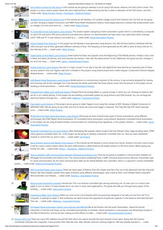 5/2/23, 9:51 AM Advanced View Arduino Projects List - Use Arduino for Projects
https://duino4projects.com/advanced-view-arduino-projects-list/?page31074=4 2/61
15. Servo Motor Control by Flex Sensor In this tutorial we are going to develop a circuit using FLEX sensor, Arduino Uno and a Servo motor. This
project is a servo control system where the servo shaft position is determined by the flex or bent or deviation of the FLEX sensor. Lets first…...
Listed under: Motor Projects, Sensor – Transducer – Detector Projects
16. Variable Power Supply By Arduino Uno In this tutorial we will develop a 5V variable voltage source from Arduino Uno. For that we are going
use ADC (Analog to Digital Conversion) and PWM (Pulse Width Modulation) feature. Some digital electronic modules like accelerometer work
on voltage 3.3V and some work on…... Listed under: Other Projects
17. PC Controlled Home Automation using Arduino This project explains designing a home automation system which is controlled by a computer
to switch On and switch Off various electrical and electronics devices. For demonstration we have used 3 zero watt bulbs which indicates
LIGHT, FAN and TV. It uses Arduino Uno board as a…... Listed under: Home Automation Projects
18. Arduino Based Tone Generator In this project we will develop a tone generator using Arduino Uno. We will have buttons interfaced with the
UNO and each one of them generates different intensity of tone. The frequency of tone generated by the UNO is same at every internal. It’s
the intensity of the…... Listed under: Other Projects
19. Snake Game on 8×8 Matrix using Arduino Snake Game has been very popular since the beginning of the Mobile phones. Initially it was come
in Black and white cell phones, and soon became very famous. Then with the advancement of the Cellphones, this game has also changed a
lot, and now many…... Listed under: Game – Entertainment Projects
20. Digital Code Lock using Arduino Security is a major concern in our day to day life, and digital locks have became an important part of these
security systems. One such digital code lock is imitated in this project using arduino board and a matrix keypad. Components Arduino Keypad
Module Buzzer…... Listed under: Other Projects
21. GSM Based Home Automation using Arduino Mobile phone is a revolutionary invention of the century. It was primarily designed for making
and receiving calls & text messages, but it has become the whole world after the Smart phone comes into the picture. In this project we are
building a home automation…... Listed under: Home Automation Projects
22. Prepaid Energy Meter using GSM and Arduino Prepaid Electricity Energy Meter is a good concept in which you can recharge its balance, like
we do in our mobile phones. In this project we are building a automated system by using Arduino and GSM module. You can recharge the
electricity balance through this…... Listed under: Metering – Instrument Projects
23. Clap Switch using Arduino In this project we are going to make Clapper circuit using the concept of ADC (Analog to Digital Conversion) in
ARDUINO UNO. We are going to use a MIC and Uno to sense the sound and trigger a response. This Clap ON Clap OFF switch basically
turns…... Listed under: Other Projects
24. IR Remote Controlled Home Automation using Arduino Previously we have covered many types of Home automations using different
technologies like DTMF Based Home Automation, PC Controlled Home Automation using Arduino, Bluetooth Controlled Home Automation.
In this project, we are using IR based wireless communication for controlling home appliances. In this project, Arduino…... Listed under: Home
Automation Projects
25. Bluetooth Controlled Toy Car using Arduino After developing few popular robotic projects like line follower robot, edge avoiding robot, DTMF
robot, gesture controlled robot, etc. in this project we are going to develop a bluetooth controlled robo car. Here we used a Bluetooth
module to control the car, and it is also…... Listed under: Car Projects
26. Servo Position Control with Weight (Force Sensor) In this tutorial we will develop a circuit using Force sensor, Arduino Uno and a servo motor.
It will be a servo control system where the servo shaft position is determined by the weight present on the force sensor. Before going any
further let’s talk…... Listed under: Sensor – Transducer – Detector Projects
27. How to establish UART communication between ATmega8 and Arduino Uno? Here we are going to establish a communication between an
ATmega8 microcontroller and Arduino Uno. The communication established here is UART (Universal Asynchronous Receiver Transmitter) type.
It’s serial communication. By this serial communication data can be shared between two controllers, which is a required in various embedded
system…... Listed under: Arduino Programmer Projects
28. WiFi Controlled Robot using Arduino There are many types of Robots, from the simple ones like a Toy car to the advanced ones like industrial
Robots. We have already covered many types of Robots using different technologies, have a look at them: Line Follower Robot using 8051
Microcontroller Line Follower…... Listed under: Robotics – Automation Projects
29. Arduino Solar Day Night Controller Introduction This is an Arduino controlled light sensing switching unit. Its main use is to control solar
lights to turn on when it is dark outside, but it can work in many more applications. This guide will walk you through every aspect of the
building…... Listed under: Solar energy projects
30. Capacitance Meter using Arduino When we come across circuit boards which are previously designed or we take out one from old TV or
computer, in attempt to repair it. And sometimes we need to know the capacitance of particular capacitor in the board to eliminate the fault.
Then we…... Listed under: Metering – Instrument Projects
31. GUI Based Home Automation System using Arduino and MATLAB We all are familiar with the word ‘Automation’, where the human
interaction is minimal and things can be controlled automatically or remotely. Home automation is very popular and demanding concept in
the field of Electronics, and we are also making our best efforts to make…... Listed under: Home Automation Projects
32. Arduino GPS Clock There are many GPS satellites around the Earth which are used to provide the exact location of any place. Along with the location
coordinates (Latitude and Longitude), it also provide other data like time, date, altitude, direction tracking angle etc. We have already learned to…... Listed
 