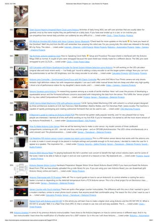 5/2/23, 9:51 AM Advanced View Arduino Projects List - Use Arduino for Projects
https://duino4projects.com/advanced-view-arduino-projects-list/?page31074=4 59/61
883. Open Source Hearing Impaired Alarm Clock using Arduino Activities of daily living (ADL) are self-care activities that are usually taken for
granted, since as the name implies they are performed on a daily basis. If you have ever ended up in a cast, or on crutches you
can empathize how menial daily activities can suddenly be very difficult to…... Listed under: Clock – Timer Projects, Projects
884. DIY Mod an Omnibot 80’s Robot with Voice, Camera, Servos, Bluetooth *Check back for more updates on this build So, have you heard of
the Omnibot? Well! Any kid from the 80's will remember how amazing this robot was. For you young kids, this robot was released in the early
80's by Tomy. The robot…... Listed under: Internet – Ethernet – LAN Projects, Motor Projects, Robotics – Automation Projects, Video – Camera
– Imaging Projects
885. Tag Archives: arduino speaking clock How to: Speaking Clock Hello Setup and Procedure The wave shield is interfaced with the Arduino
Mega 2560 as normal. A couple of pins were remapped because the wave shield was initially made for a different device. The DAC pins were
remapped to pins 22,23,24…... Listed under: Clock – Timer Project Ideas
886. LED Calculator with Rotary Quadrature Encoder for Target System Voltage Selection using Arduino I’m still working on the LED calculator
(original idea and most recent work) — I’ve finally got ’round to adding a rotary encoder to set the target system voltage. Now you can turn
the potentiometer to set the LED brightness, turn the rotary encoder to set what…... Listed under: Calculator Projects, LED Projects, Projects
887. Arduino Lens Controller – Synchronized Zoom/Focus with Wii Classic Controller My Lumix GH2 Micro Four Thirds camera not only shoots
fantastic high definition videos, but with inexpensive adapters I can use it with older manual lenses that are cheap and often very high quality.
I shoot a lot of performance videos for my daughter's dance studio, and I…... Listed under: Video – Camera – Imaging Projects
888. Sensing Squeeze using Arduino I’m researching squeeze sensing as a mode of tactile interface. Here I will cover the process of developing a
squeezeable sensor and the firmware/software concerns associated with interpreting the data from the sensor. This fulfills the “sensor project”
for my class called Computational Principles in…... Listed under: Projects, Sensor – Transducer – Detector Projects
889. S.A.M. Spring Aided Machining (CNC with adhesive remover) S.A.M. Spring Aided Machining (CNC with solvent) is a school project designed
by three architecture students at CCA, San Francisco: Matt Boeddiker, Abelino Robles, and Tim Henshaw-Plath. (www.cca.edu) The machine is
capable of rapidly prototyping and creating subtractive formwork that can be used to cast…... Listed under: CNC Machines Projects
890. A Beginner’s guide to making an Arduino Shield PCB (This tutorial has gotten really popular recently, and I’m very pleased that so many
people are interested. I learned all of this stuff while working on my first PCB. If you’re interested, I’ve started to sell the most recent version of
my Arduino ProtoShield. If…... Listed under: Development Board – Kits Projects
891. How To Make Arduino Color Sensor Here we will be learning how to make a color sensor. my model consists of three cardboard
compartments containing an LED - one red, one blue, and one green - and an OP550B phototransistor. The LED's shine simultaneously on a
solid colored card. The phototransistors…... Listed under: Sensor – Transducer – Detector Projects
892. Cat Repelling PIR motion sensor (covert) speaker box alarm using Arduino This is a PIR motion sensor device that works with the arduino uno.
In order to make it covert enough to be placed in multiple settings and portable enough to fit most places, I decided to make the case for it
appear as a speaker. The inspiration for…... Listed under: Projects, Security – Safety Projects, Sensor – Transducer – Detector Projects, Sound –
Audio Projects
893. Arduino MIDI Volume Pedal I’m playing keyboards this fall in another rock concert to benefit the high school robotics team, and for some of
the tunes I need to be able to fade an organ in and out over a period of a measure or two. My keyboards are…... Listed under: Projects, Sound
– Audio Projects
894. Arduino Stepper Motor Control Hardware Preparation Stepper Motor Driver Board Arduino Board (UNO) If you have purchased the Arduino
Board from ZTW, we have already uploaded the g-code library for you. If you are using your own Arduino Board, you can doawnload grbl
Arduino library online and load it…... Listed under: Motor Projects
895. Arduino Thermostat with TC74 sensor Hello all! This is a quick guide on how to use an Arduino© to control whether a cooling fan and a
heater is turned on depending on the detected temperature from a TC74 Arduino sensor. This is for a final project for an Electronics class…...
Listed under: Sensor – Transducer – Detector Projects
896. Geiger Counter with Touch Interface! There are quite a few geiger counter instructables. The difference with this one is that I wanted to give it
a modern interface, similar to smart phone touch screens, that anyone would feel comfortable using. The reason for this is that I want to use it
as…... Listed under: Calculator Projects, Sensor – Transducer – Detector Projects
897. Digital Clock with Arduino and DS1307 In this article you will learn how to make a digital clock using Arduino and the DS1307 RTC IC. What is
DS1307 IC actually? Well, it is a Real Time Clock (RTC) IC that is simple to use, low cost and easy available. The IC…... Listed under: Clock –
Timer Projects
898. Arduino Drawbot In some of my previous Arduino instructurables I have show to the Arduino beginers on how to control servos in different ways. And in my
last instructurable I have show the modification of a Parallax servo for a 360º rotation. So in this one I will show Arduino…... Listed under: Robotics – Automation
 