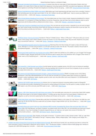 1/10/23, 11:03 AM Advanced View Arduino Projects List - Use Arduino for Projects
https://duino4projects.com/advanced-view-arduino-projects-list/?page31074=4 20/62
IR Remote Controlled Home Appliances using Arduino In present times there are many types of Home Automation Systems which are
available in the market. Most of these are simple Home Appliances Controlling Systems like DTMF controlled Home Appliances, GSM based
Home Appliances Controlling, RF based Home Appliances Controlling. Here we are going…... Listed under: Home Automation Project Ideas
Arduino Controlled Servo Robot (SERB) using arduino What better way to start experimenting with open source micro-controllers ( Arduino )
then by building your very own open source robot ( CC (SA -BY) )? What to do with your SERB? (here) - How to connect your SERB to the
internet and drive…... Listed under: Robotics – Automation Project Ideas
Build A Simple Robotics Breadboard Using Arduino This Instructable shows you how to build a simple, inexpensive breadboard for robotics
experiments. It is a companion to Cheap, Easy Robotics for the Non-Programmer. Here we'll learn how to build a Babuino robot to use for
experiments with the Babuino/Blocos software environment. Using a…... Listed under: Robotics – Automation Project Ideas
An easy way to send your heartbeat to the Cloud using arduino This cool (and very low price) sensor is attached on your ear and can detect
your heart’s pulse through transmitting infrared light and checking the absorption variation caused by the blood flow on your ear lobe. The
site of the products provides also the Arduino…... Listed under: Medical – Health based Project Ideas
PIR Motion Sensor Tutorial using arduino Pyroelectric ("Passive") InfraRed sensors: '''What is a PIR sensor?''' PIR sensors allow you to sense
motion, almost always used to detect whether a human has moved in or out of the sensors range. They are small, inexpensive, low-power,
easy to use and don't wear out.…... Listed under: Sensor – Transducer – Detector Project Ideas
A DIY photoplethysmographic sensor for measuring heart rate Meet Easy Pulse: A kit that includes all it needs to make a DIY heart rate
sensor. Although it is not built using an Arduino, it is still open and easy to build. From the site: “This project is based on the principle of
photoplethysmography…... Listed under: Sensor – Transducer – Detector Project Ideas
The Smuggie: Tweet straight from your Snuggie using arduino Want to tweet how satisfied you are cuddled up in your Snuggie? The Smuggie
is a modified Snuggie, designed specifically for those who feel the need to express their smug satisfaction with a Snuggie to their friends on
Twitter. Here's a list of everything you'll…... Listed under: Internet – Ethernet – LAN Project Ideas
Very simple ECG + Pulse Oximeter using arduino Scott W Harden has built an updated version of his ECG circuit for tracking his heartbeat.
The main goal of the update is to provide a hack for collecting heartbeat with minimal h/w cost and circuit complexity. As you can see from
the project photo above, the…... Listed under: Medical – Health based Project Ideas
The Lightning Simulator/Breathalyzer/Graphic Equalizer – Arduino Powered using arduino UPDATE: A portable version of the Talking
Breathalyzer is here http://talkingbreathalyzer.com The LED strips are mounted on an outdoor trellace which functions as a lightning
simulator, outdoor breathalyzer, graphic equalizer synced to music, and a few other effects with sound. Materials: 8 12v RGB Waterproof
Flexible…... Listed under: LED Projects
Interfacing EM-18 RFID reader with Arduino Uno Arduino Uno is an opensource physical computing platform based on ATmega328
microcontroller and provides a development environment for writing software for the board. It can be used for a variety of projects. EM-18
RFID reader is one of the commonly used RFID reader to read…... Listed under: Other Projects
Arduino + WiFi, Music Responsive LED Light Fixture using arduino This instructable gives instructions for constructing a Saiko5 WiFi enabled
LED light fixture based on the Arduino hobbyist platform. It includes step-by-step instructions from board design to soldering to case
integration, as well as instructions explaining how the software and firmware can be used to…... Listed under: LED Projects
Trinket Audio Player using arduino Overview We usually think of the Adafruit Trinket as a tiny subset of a “real” Arduino; less RAM, less code
space, less I/O. But this little chip has a couple tricks up its sleeve, things its larger brethren can’t do. One of these is a…... Listed under: Sound
– Audio Projects
Beatfly : Make an illuminating blimp and control it with your voice, Keyboard, MIDI Controller, Garageband file, iPhone, Flash, and more! [Mac OSX] using
arduino [Mac OSX Only] Because I use Quartz Composer, my program works only on Mac OSX. I am now extending and improving it toward
cross-platform. If you have knowledge of computer programming, you can make your own system that connects to the blimp. The
communication protocol…... Listed under: LED Projects, Sound – Audio Project Ideas
Make A Arduino Solar Radio Solar charging, via the panel on the back. * 12 position switch to select channel number * Seek up / seek down
controls and 'store' button * RDS display of call sign * Frequency display * Battery voltage display * Solar charging current display The…...
Listed under: Radio Projects
Updating the Arduino Garage Door Circuit for the new Gliderol Garage Controller. We moved house recently and I was obviously very keen to continue the
home automation routine. As described in Adventures with an Arduino – Part 1: The Business Problem, I created an Arduino based garage door interface to
integrate with a BOSS BOL6 garage door controller.…... Listed under: Home Automation Project Ideas
 