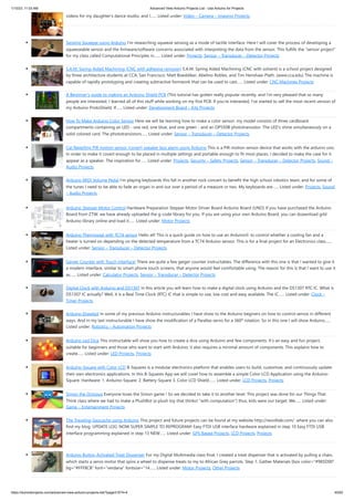 1/10/23, 11:03 AM Advanced View Arduino Projects List - Use Arduino for Projects
https://duino4projects.com/advanced-view-arduino-projects-list/?page31074=4 45/62
videos for my daughter's dance studio, and I…... Listed under: Video – Camera – Imaging Projects
Sensing Squeeze using Arduino I’m researching squeeze sensing as a mode of tactile interface. Here I will cover the process of developing a
squeezeable sensor and the firmware/software concerns associated with interpreting the data from the sensor. This fulfills the “sensor project”
for my class called Computational Principles in…... Listed under: Projects, Sensor – Transducer – Detector Projects
S.A.M. Spring Aided Machining (CNC with adhesive remover) S.A.M. Spring Aided Machining (CNC with solvent) is a school project designed
by three architecture students at CCA, San Francisco: Matt Boeddiker, Abelino Robles, and Tim Henshaw-Plath. (www.cca.edu) The machine is
capable of rapidly prototyping and creating subtractive formwork that can be used to cast…... Listed under: CNC Machines Projects
A Beginner’s guide to making an Arduino Shield PCB (This tutorial has gotten really popular recently, and I’m very pleased that so many
people are interested. I learned all of this stuff while working on my first PCB. If you’re interested, I’ve started to sell the most recent version of
my Arduino ProtoShield. If…... Listed under: Development Board – Kits Projects
How To Make Arduino Color Sensor Here we will be learning how to make a color sensor. my model consists of three cardboard
compartments containing an LED - one red, one blue, and one green - and an OP550B phototransistor. The LED's shine simultaneously on a
solid colored card. The phototransistors…... Listed under: Sensor – Transducer – Detector Projects
Cat Repelling PIR motion sensor (covert) speaker box alarm using Arduino This is a PIR motion sensor device that works with the arduino uno.
In order to make it covert enough to be placed in multiple settings and portable enough to fit most places, I decided to make the case for it
appear as a speaker. The inspiration for…... Listed under: Projects, Security – Safety Projects, Sensor – Transducer – Detector Projects, Sound –
Audio Projects
Arduino MIDI Volume Pedal I’m playing keyboards this fall in another rock concert to benefit the high school robotics team, and for some of
the tunes I need to be able to fade an organ in and out over a period of a measure or two. My keyboards are…... Listed under: Projects, Sound
– Audio Projects
Arduino Stepper Motor Control Hardware Preparation Stepper Motor Driver Board Arduino Board (UNO) If you have purchased the Arduino
Board from ZTW, we have already uploaded the g-code library for you. If you are using your own Arduino Board, you can doawnload grbl
Arduino library online and load it…... Listed under: Motor Projects
Arduino Thermostat with TC74 sensor Hello all! This is a quick guide on how to use an Arduino© to control whether a cooling fan and a
heater is turned on depending on the detected temperature from a TC74 Arduino sensor. This is for a final project for an Electronics class…...
Listed under: Sensor – Transducer – Detector Projects
Geiger Counter with Touch Interface! There are quite a few geiger counter instructables. The difference with this one is that I wanted to give it
a modern interface, similar to smart phone touch screens, that anyone would feel comfortable using. The reason for this is that I want to use it
as…... Listed under: Calculator Projects, Sensor – Transducer – Detector Projects
Digital Clock with Arduino and DS1307 In this article you will learn how to make a digital clock using Arduino and the DS1307 RTC IC. What is
DS1307 IC actually? Well, it is a Real Time Clock (RTC) IC that is simple to use, low cost and easy available. The IC…... Listed under: Clock –
Timer Projects
Arduino Drawbot In some of my previous Arduino instructurables I have show to the Arduino beginers on how to control servos in different
ways. And in my last instructurable I have show the modification of a Parallax servo for a 360º rotation. So in this one I will show Arduino…...
Listed under: Robotics – Automation Projects
Arduino Led Dice This instructable will show you how to create a dice using Arduino and few components. It's an easy and fun project,
suitable for beginners and those who want to start with Arduino; it also requires a minimal amount of components. This explains how to
create…... Listed under: LED Projects, Projects
Arduino-Square with Color LCD B-Squares is a modular electronics platform that enables users to build, customize, and continuously update
their own electronics applications. In this B-Squares App we will cover how to assemble a simple Color-LCD Application using the Arduino-
Square. Hardware: 1. Arduino-Square. 2. Battery-Square 3. Color LCD Shield.…... Listed under: LCD Projects, Projects
Simon the Octopus Everyone loves the Simon game ! So we decided to take it to another level. This project was done for our Things That
Think class where we had to make a PlushBot (a plush toy that thinks! "with computation") thus, kids were our target. We…... Listed under:
Game – Entertainment Projects
The Traveling Geocache using Arduino This project and future projects can be found at my website http://revoltlab.com/ where you can also
find my blog. UPDATE LOG: NOW SUPER SIMPLE TO REPROGRAM! Easy FTDI USB interface hardware explained in step 10 Easy FTDI USB
interface programming explained in step 13 NEW…... Listed under: GPS Based Projects, LCD Projects, Projects
Arduino Button Activated Treat Dispenser For my Digital Multimedia class final, I created a treat dispenser that is activated by pulling a chain,
which starts a servo motor that spins a wheel to dispense treats to my to African Grey parrots. Step 1: Gather Materials [box color="#985D00"
bg="#FFF8CB" font="verdana" fontsize="14…... Listed under: Motor Projects, Other Projects
 