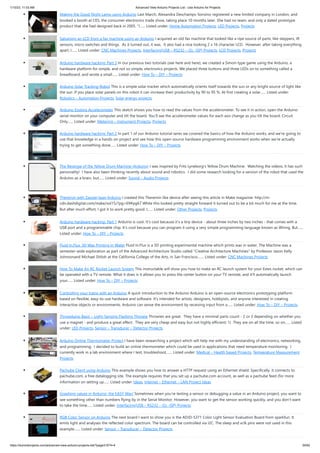 1/10/23, 11:03 AM Advanced View Arduino Projects List - Use Arduino for Projects
https://duino4projects.com/advanced-view-arduino-projects-list/?page31074=4 50/62
Making the Good Night Lamp using Arduino Last March, Alexandra Deschamps-Sonsino registered a new limited company in London, and
booked a booth at CES, the consumer electronics trade show, taking place 10 months later. She had no team, and only a dated prototype
product that she had designed back in 2005. “I…... Listed under: Home Automation Projects, LED Projects, Projects
Salvaging an LCD from a fax machine using an Arduino I acquired an old fax machine that looked like a ripe source of parts, like steppers, IR
sensors, micro switches and things. As it turned out, it was. It also had a nice looking 2 x 16 character LCD. However, after taking everything
apart, I…... Listed under: CNC Machines Projects, Interfacing(USB – RS232 – I2c -ISP) Projects, LCD Projects, Projects
Arduino hardware hacking: Part 3 In our previous two tutorials (see here and here), we created a Simon-type game using the Arduino, a
hardware platform for simple, and not so simple, electronics projects. We placed three buttons and three LEDs on to something called a
breadboard, and wrote a small…... Listed under: How To – DIY – Projects
Arduino Solar Tracking Robot This is a simple solar tracker which automatically orients itself towards the sun or any bright source of light like
the sun .If you place solar panels on this robot it can increase their productivity by 90 to 95 %. At first creating a solar…... Listed under:
Robotics – Automation Projects, Solar energy projects
Arduino Esplora Accelerometer This sketch shows you how to read the values from the accelerometer. To see it in action, open the Arduino
serial monitor on your computer and tilt the board. You'll see the accelerometer values for each axis change as you tilt the board. Circuit
Only…... Listed under: Metering – Instrument Projects, Projects
Arduino hardware hacking: Part 2 In part 1 of our Arduino tutorial seres we covered the basics of how the Arduino works, and we're going to
use that knowledge in a hands-on project and see how this open-source hardware programming environment works when we're actually
trying to get something done…... Listed under: How To – DIY – Projects
The Revenge of the Yellow Drum Machine (Arduino) I was inspired by Frits Lyneborg's Yellow Drum Machine. Watching the videos, it has such
personality! I have also been thinking recently about sound and robotics. I did some research looking for a version of the robot that used the
Arduino as a brain, but…... Listed under: Sound – Audio Projects
Theremin with Zapper,laser,Arduino I created this Theremin like device after seeing this article in Make magazine: http://m-
cdn.dashdigital.com/make/vol15/?pg=69#pg67 While this looked pretty straight forward it turned out to be a bit much for me at the time.
But after much effort, I got it to work pretty good. I…... Listed under: Other Projects, Projects
Arduino hardware hacking: Part 1 Arduino is cool. It's cool because it's a tiny device - about three inches by two inches - that comes with a
USB port and a programmable chip. It's cool because you can program it using a very simple programming language known as Wiring. But…...
Listed under: How To – DIY – Projects
Fluid In.Flux_3D Wax Printing In Water Fluid In.Flux is a 3D printing experimental machine which prints wax in water. The Machine was a
semester-wide exploration as part of the Advanced Architecture Studio called "Creative Architecture Machines" by Professor Jason Kelly
Johnsonand Michael Shiloh at the California College of the Arts, in San Francisco.…... Listed under: CNC Machines Projects
How To Make An RC Rocket Launch System This instructable will show you how to make an RC launch system for your Estes rocket, which can
be operated with a TV remote. What it does is it allows you to press the center button on your TV remote, and it'll automatically launch
your…... Listed under: How To – DIY – Projects
Controlling your trains with an Arduino A quick introduction to the Arduino Arduino is an open-source electronics prototyping platform
based on flexible, easy-to-use hardware and software. It's intended for artists, designers, hobbyists, and anyone interested in creating
interactive objects or environments. Arduino can sense the environment by receiving input from a…... Listed under: How To – DIY – Projects
Throwduino Basic – Light-Sensing Flashing Throwie Throwies are great. They have a minimal parts count - 2 or 3 depending on whether you
use a magnet - and produce a great effect. They are very cheap and easy but not highly efficient: 1) They are on all the time, so on…... Listed
under: LED Projects, Sensor – Transducer – Detector Projects
Arduino Online Thermometer Project I have been researching a project which will help me with my understanding of electronics, networking,
and programming. I decided to build an online thermometer which could be used in applications that need temperature monitoring. I
currently work in a lab environment where I test, troubleshoot,…... Listed under: Medical – Health based Projects, Temperature Measurement
Projects
Pachube Client using Arduino This example shows you how to answer a HTTP request using an Ethernet shield. Specifically, it connects to
pachube.com, a free datalogging site. The example requires that you set up a pachube.com account, as well as a pachube feed (for more
information on setting up…... Listed under: Ideas, Internet – Ethernet – LAN Project Ideas
Graphing values in Arduino, the EASY Way! Sometimes when you're testing a sensor or debugging a value in an Arduino project, you want to
see something other than numbers flying by in the Serial Monitor. However, you want to get the sensor working quickly, and you don't want
to take the time…... Listed under: Interfacing(USB – RS232 – I2c -ISP) Projects
RGB Color Sensor on Arduino The next board I want to show you is the ADJD-S371 Color Light Sensor Evaluation Board from sparkfun. It
emits light and analyses the reflected color spectrum. The board can be controlled via I2C. The sleep and xclk pins were not used in this
example.…... Listed under: Sensor – Transducer – Detector Projects
 