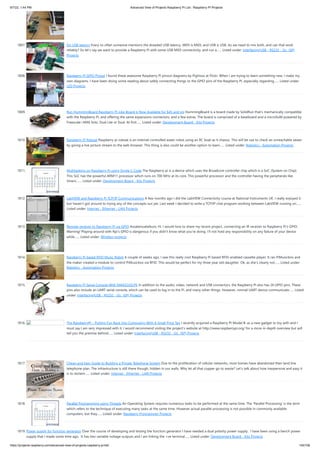 9/7/22, 1:44 PM Advanced View of Projects Raspberry Pi List - Raspberry PI Projects
https://projects-raspberry.com/advanced-view-of-projects-raspberry-pi-list/ 145/156
1807. On USB latency Every so often someone mentions the dreaded USB latency. MIDI is MIDI, and USB is USB, do we need to mix both, and can that work
reliably? So let’s say we want to provide a Raspberry Pi with some USB MIDI connectivity, and run a…... Listed under: Interfacing(USB - RS232 - I2c -ISP)
Projects
1808. Raspberry Pi GPIO Pinout I found these awesome Raspberry Pi pinout diagrams by Pighixxx at Flickr. When I am trying to learn something new, I make my
own diagrams. I have been doing some reading about safely connecting things to the GPIO pins of the Raspberry Pi, especially regarding…... Listed under:
LED Projects
1809. Run HummingBoard Raspberry Pi-Like Board is Now Available for $45 and Up HummingBoard is a board made by SolidRun that’s mechanically compatible
with the Raspberry Pi, and offering the same expansions connectors, and a few extras. The board is comprised of a baseboard and a microSoM powered by
Freescale i.MX6 Solo, Dual Lite or Dual. At first…... Listed under: Development Board - Kits Projects
1810. Raspberry Pi Roboat Raspberry pi roboat is an internet controlled water robot using an RC boat as it chassis. This will be use to check an unreachable sewer
by giving a live picture stream to the web browser. This thing is also could be another option to learn…... Listed under: Robotics - Automation Projects
1811. Multitasking on Raspberry Pi using Single C Code The Raspberry pi is a device which uses the Broadcom controller chip which is a SoC (System on Chip).
This SoC has the powerful ARM11 processor which runs on 700 MHz at its core. This powerful processor and the controller having the peripherals like
timers,…... Listed under: Development Board - Kits Projects
1812. LabVIEW and Raspberry Pi TCP/IP Communications A few months ago I did the LabVIEW Connectivity course at National Instruments UK. I really enjoyed it
but haven’t got around to trying any of the concepts out yet. Last week I decided to write a TCP/IP chat program working between LabVIEW running on…...
Listed under: Internet - Ethernet - LAN Projects
1813. Remote receiver to Raspberry Pi via GPIO Assalamualaikum, Hi. I would love to share my recent project, connecting an IR receiver to Raspberry Pi's GPIO.
Warning! Playing around with Rpi's GPIO is dangerous if you didn't know what you're doing. I'll not hold any responsibility on any failure of your device
while…... Listed under: Wireless projects
1814. Raspberry Pi based RFID Music Robot A couple of weeks ago, I saw this really cool Raspberry Pi based RFID-enabled cassette player. It ran PiMusicbox and
the maker created a module to control PiMusicbox via RFID. This would be perfect for my three year old daughter. Ok, as she's clearly not…... Listed under:
Robotics - Automation Projects
1815. Raspberry Pi Serial Console With MAX3232CPE In addition to the audio, video, network and USB connectors, the Raspberry Pi also has 26 GPIO pins. These
pins also include an UART serial console, which can be used to log in to the Pi, and many other things. However, normal UART device communicate…... Listed
under: Interfacing(USB - RS232 - I2c -ISP) Projects
1816. The RaspberryPI – Putting Fun Back Into Computing With A Small Price Tag I recently acquired a Raspberry PI Model B. as a new gadget to toy with and I
must say I am very impressed with it. I would recommend visiting the project’s website at http://www.raspberrypi.org/ for a more in-depth overview but will
tell you the premise behind…... Listed under: Interfacing(USB - RS232 - I2c -ISP) Projects
1817. Cheap and Easy Guide to Building a Private Telephone System Due to the proliferation of cellular networks, most homes have abandoned their land line
telephone plan. The infrastructure is still there though, hidden in our walls. Why let all that copper go to waste? Let's talk about how inexpensive and easy it
is to reclaim…... Listed under: Internet - Ethernet - LAN Projects
1818. Parallel Programming using Threads An Operating System requires numerous tasks to be performed at the same time. The ‘Parallel Processing’ is the term
which refers to the technique of executing many tasks at the same time. However actual parallel processing is not possible in commonly available
computers, but they…... Listed under: Raspberry Programmer Projects
1819. Power supply for function generator Over the course of developing and testing the function generator I have needed a dual polarity power supply.  I have been using a bench power
supply that I made some time ago.  It has two variable voltage outputs and I am linking the +ve terminal…... Listed under: Development Board - Kits Projects
 