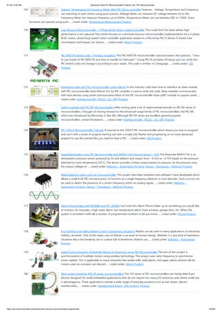 4/1/24, 9:33 AM Advanced View Pic Microcontroller Projects List | PIC Microcontroller
https://pic-microcontroller.com/advanced-view-pic-microcontroller-projects-list/ 16/203
169. Voltage, Temperature & Frequency Meter With PIC Micro controller Features… Voltage, Temperature and Frequency
can switching to each others using push buttons. Voltage Meter can measure DC voltage between 0v to 50v.
Frequency Meter can measure frequency up to 65KHz. Temperature Meter can use between 00C to 1500C. Every
functions can paused using push…... Listed under: Temperature Measurement Projects
170. Low Resource Microcontroller – 3 Phase BLDC Motor Speed Controller This could form the basis where high
performance is not required This article focuses on a minimal resource microcontroller implementation for a 3 phase
BLDC motor, closed loop speed motor controller application based on a Microchip PIC12 device. It shows how
minimisation techniques can reduce…... Listed under: Motor Projects
171. PIC16F877A timer0 code + Proteus simulation This PIC16F877A microcontroller tutorial answers the question, " How
to use timer0 of PIC16F877A and how to handle its interrupts? " Using PIC16 simulator (Proteus) you can verify this
PIC timer0 code and change it according to your needs. This code is written in C language…... Listed under: LED
Projects
172. Interfacing xbee with PIC microcontroller using MikroC In this tutorial, I will show how to interface an xbee module
with PIC microcontroller.Here MikroC Pro for PIC compiler is used to write the code. Xbee modules communicates
with host devices using serial communication.Most of the PIC microcontroller have UART module to support serial…...
Listed under: Interfacing(USB - RS232 - I2c -ISP) Projects
173. Getting started with PIC18F Microcontrollers After writing quite a bit of experimental tutorials on PIC16F series of
microcontrollers, I thought of moving forward to the enhanced-range family of PIC microcontrollers, the PIC18F,
which was introduced by Microchip in late 90s. Although PIC16F series are excellent general purpose
microcontrollers, certain limitations…... Listed under: Interfacing(USB - RS232 - I2c -ISP) Projects
174. PIC 12F675 Microcontroller Tutorial. A tutorial on the 12F675 PIC microcontroller which shows you how to program
and use it with a series of projects starting out with a simple LED flasher and progressing on to more advanced
projects.To use the tutorial files you need to have a PIC…... Listed under: LED Projects
175. Digital Barometer using PIC Microcontroller and MPX4115A Pressure Sensor – XC8 The Motorola MPX4115A is an
atmospheric pressure sensor powered by 5V and delivers and output from ~0.25V to ~4.75V based on the pressure
detected at room temperature (25°C). The device provides a linear output based on pressure. As the pressure rises,
the output voltage of…... Listed under: Robotics - Automation Projects, Sensor - Transducer - Detector Projects
176. Metal detector robot using pic microcontroller This project describes hardware and software I have developed which
allows a small 8 bit PIC microprocessor to function as a single frequency detector or tone decoder. Such a circuit can
be used to detect the presence of a certain frequency within an analog signal,…... Listed under: Robotics -
Automation Projects, Sensor - Transducer - Detector Projects
177. Alarm Phone Dialer with MT8880 and PIC 16F84A Just hook this Alarm Phone Dialer up to something you would like
to monitor, for example, a high water alarm, low temperature alarm, back window, garage door, etc. When the
system is activated it will call a number of programmed numbers to let you know…... Listed under: Phone Projects
178. Fire Fighting Controlling Robots Used in Dangerous Situations Robots can be used in many applications in industries,
military, domestic. One of the major uses of Robots is an asset to human beings. Whether it is any kind of hazardous
situations like a fire breaking out or a place full of landmines, Robots can…... Listed under: Robotics - Automation
Projects
179. Speed Synchronization of Multiple Motors In Industries using PIC Microcontroller The aim of this project is
synchronization of multiple motors using wireless technology. This project uses radio frequency to synchronize
motor speeds. This is applicable to many industries like textile mills, steel plants, and paper plants wherein all the
motors used on conveyor are desired…... Listed under: Motor Projects
180. Mini project board for PIC12F series microcontrollers The 12F series of PIC microcontrollers are handy little 8-pin
devices designed for small embedded applications that do not require too many I/O resources, and where small size
is advantageous. These applications include a wide range of everyday products such as hair dryers, electric
toothbrushes,…... Listed under: Development Board - Kits Projects, Projects
 